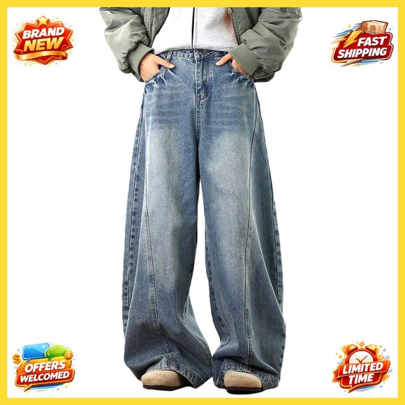 Men's Baggy Barrel Jeans Wide Leg Loose Fit Streetwear Y2K Denim Pants